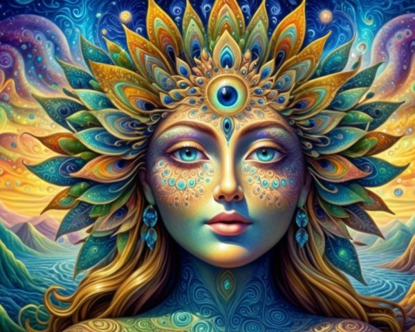 Vibrant Mystical Figure with Colorful Patterns and Sunset