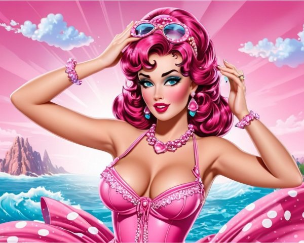 Glamorous Cartoon Figure with Pink Hair and Dress