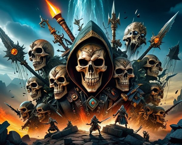 Dramatic Fantasy Scene with Menacing Skull and Landscape