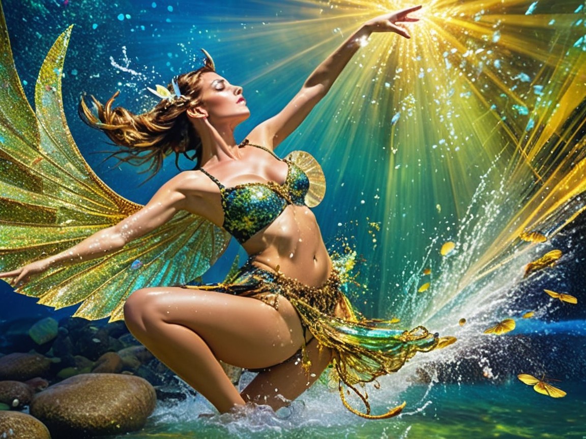 Graceful figure with wings in a magical water scene