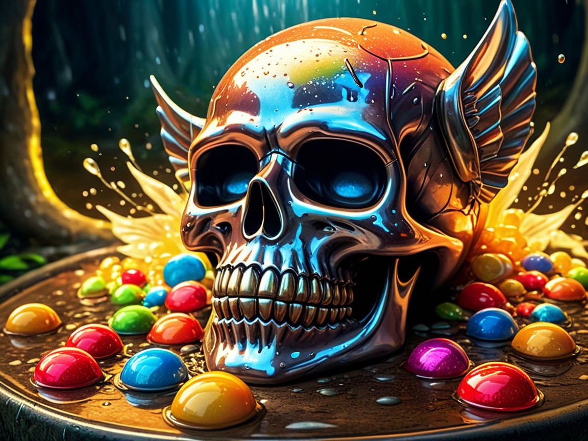 Metallic Skull with Wings Surrounded by Colorful Orbs