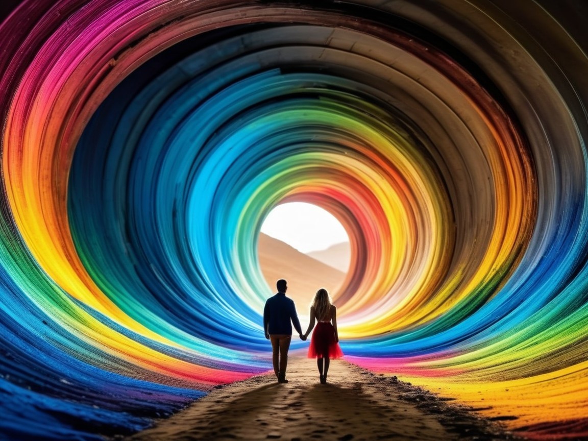 Couple in a Colorful Rainbow Spiral Tunnel