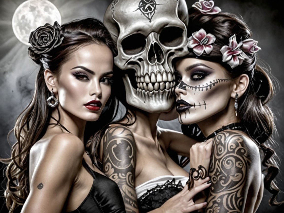 Three Women with Gothic Makeup and Tattoos