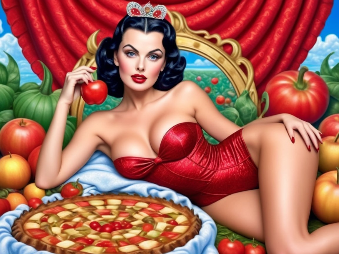 Vintage Pin-Up Girl with Fruits and Red Drapery