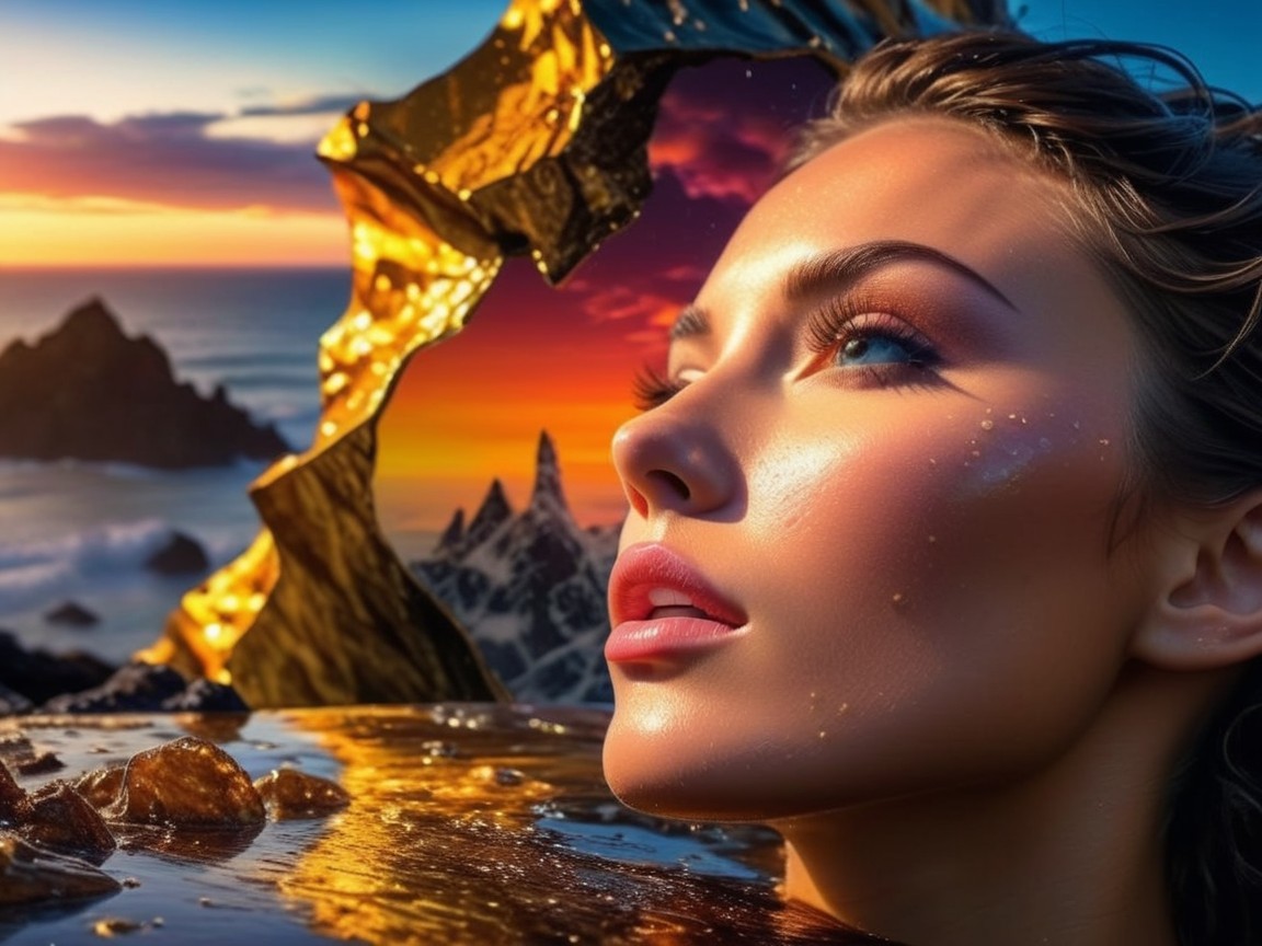 Close-up of a woman's face at sunset with rocks and water