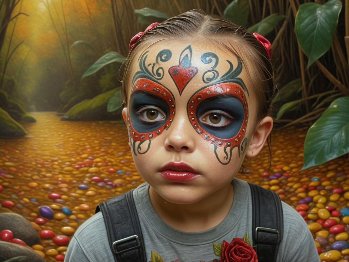 Young girl with sugar skull face paint in forest setting