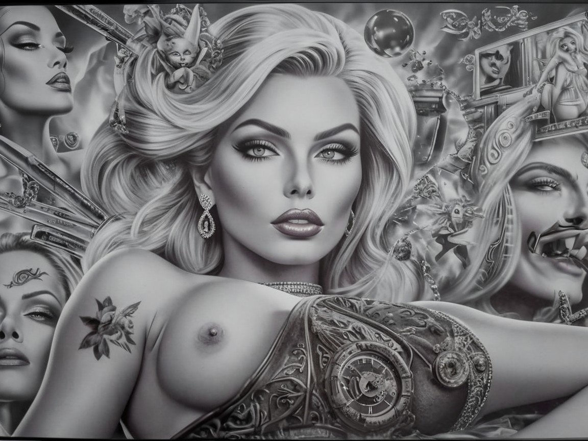 Black-and-white artwork of a glamorous woman with jewelry