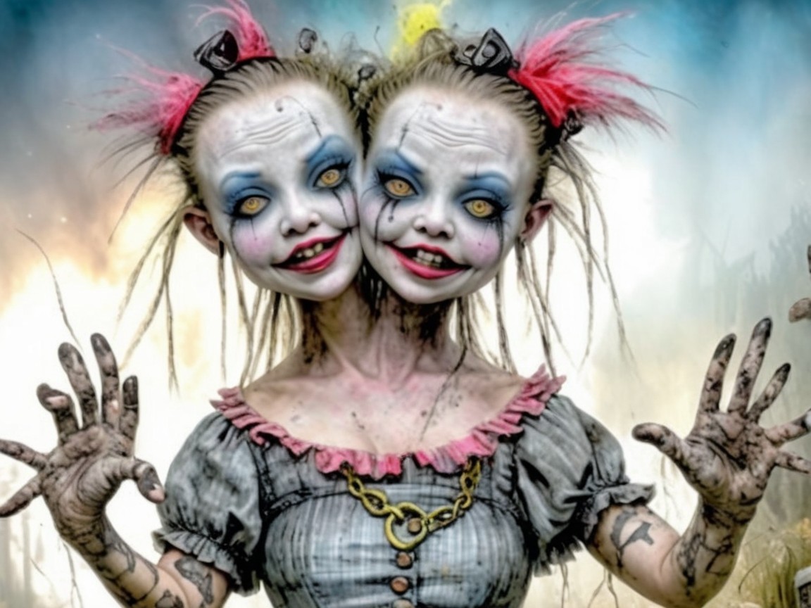 Whimsical Two-Headed Doll with Vintage Style Features
