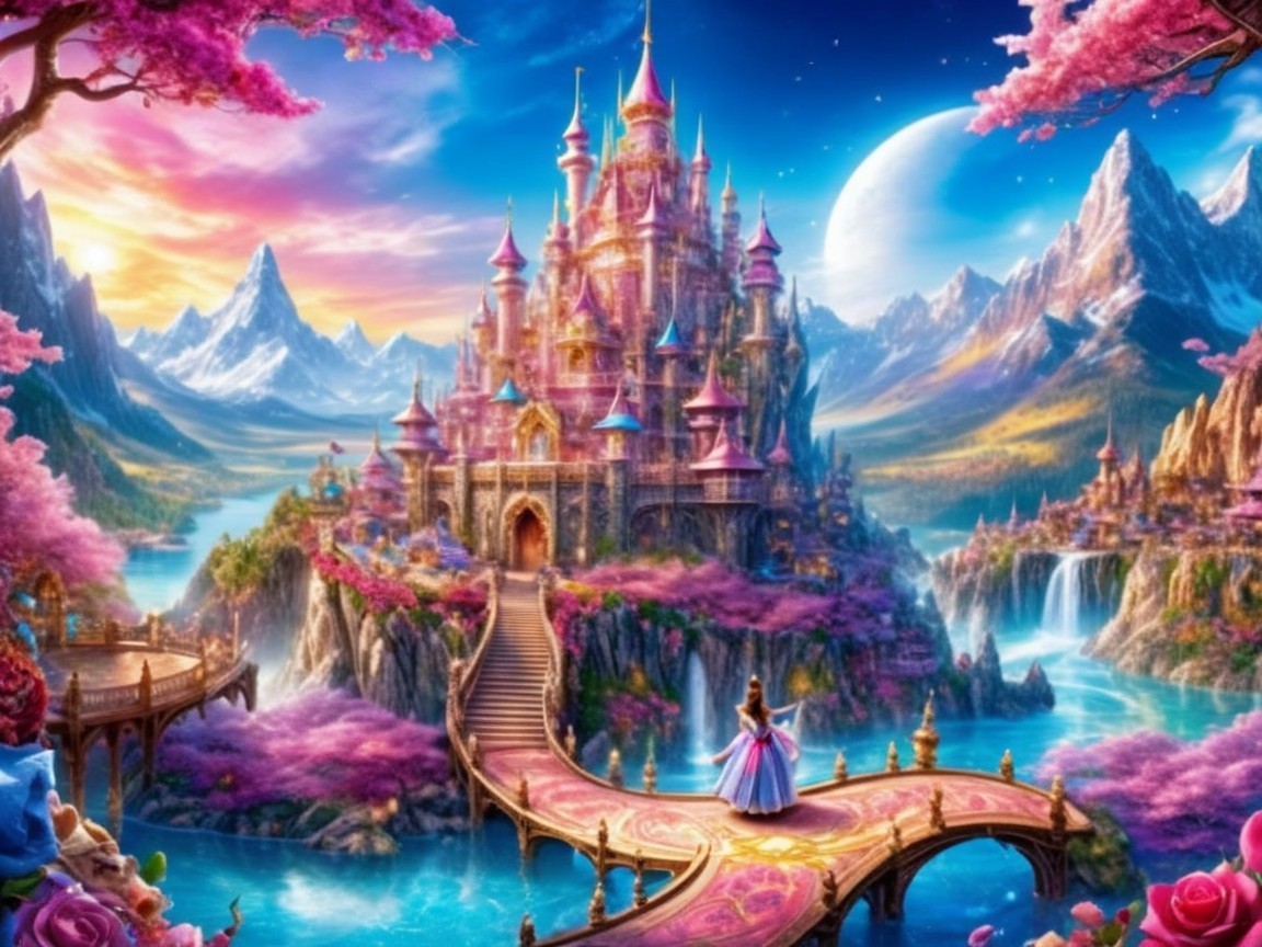 Fairytale Castle Surrounded by Blossoms and Waterfalls
