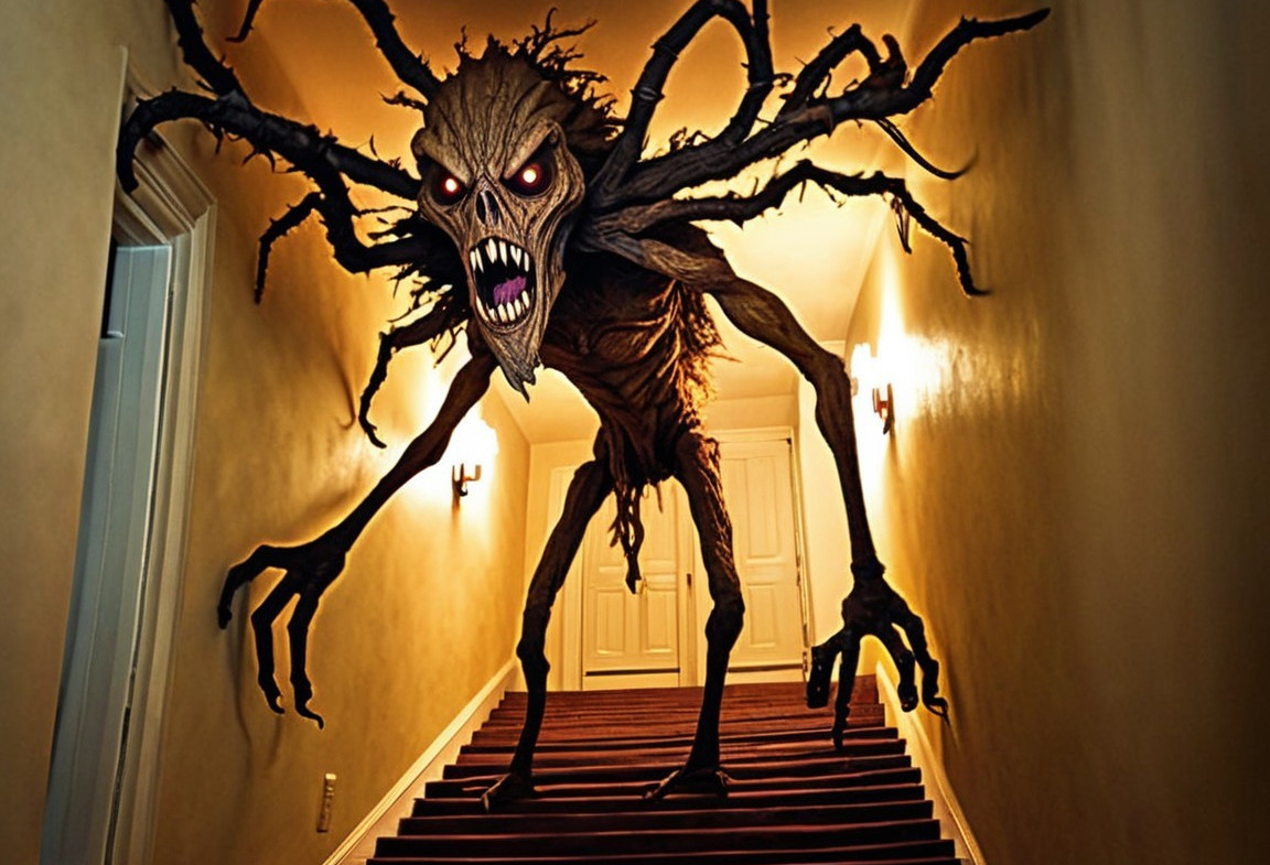 Monstrous Figure at Top of Dimly Lit Staircase