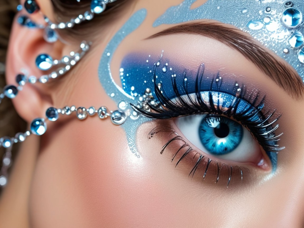 Close-Up of an Eye with Blue Makeup and Crystals