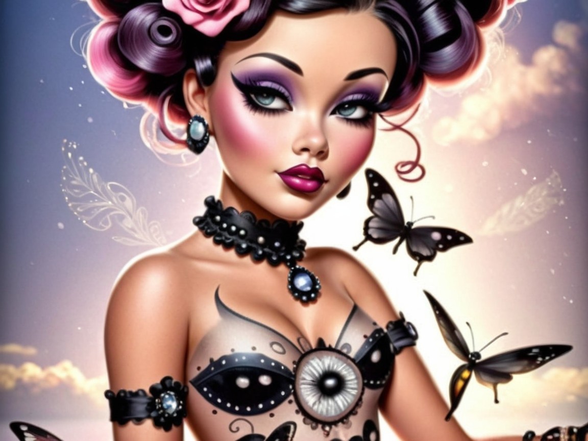Whimsical Character with Rose Hair and Butterflies