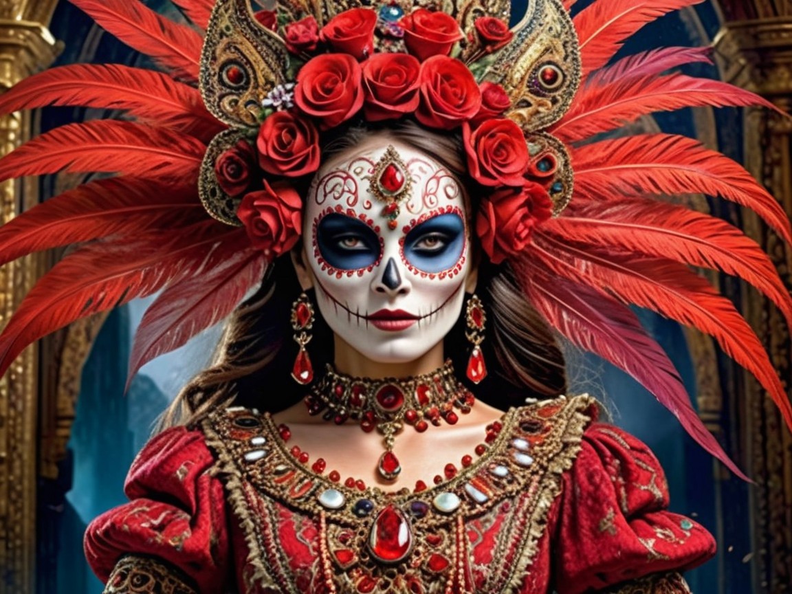 Vibrant Figure in Ornate Attire with Sugar Skull Makeup