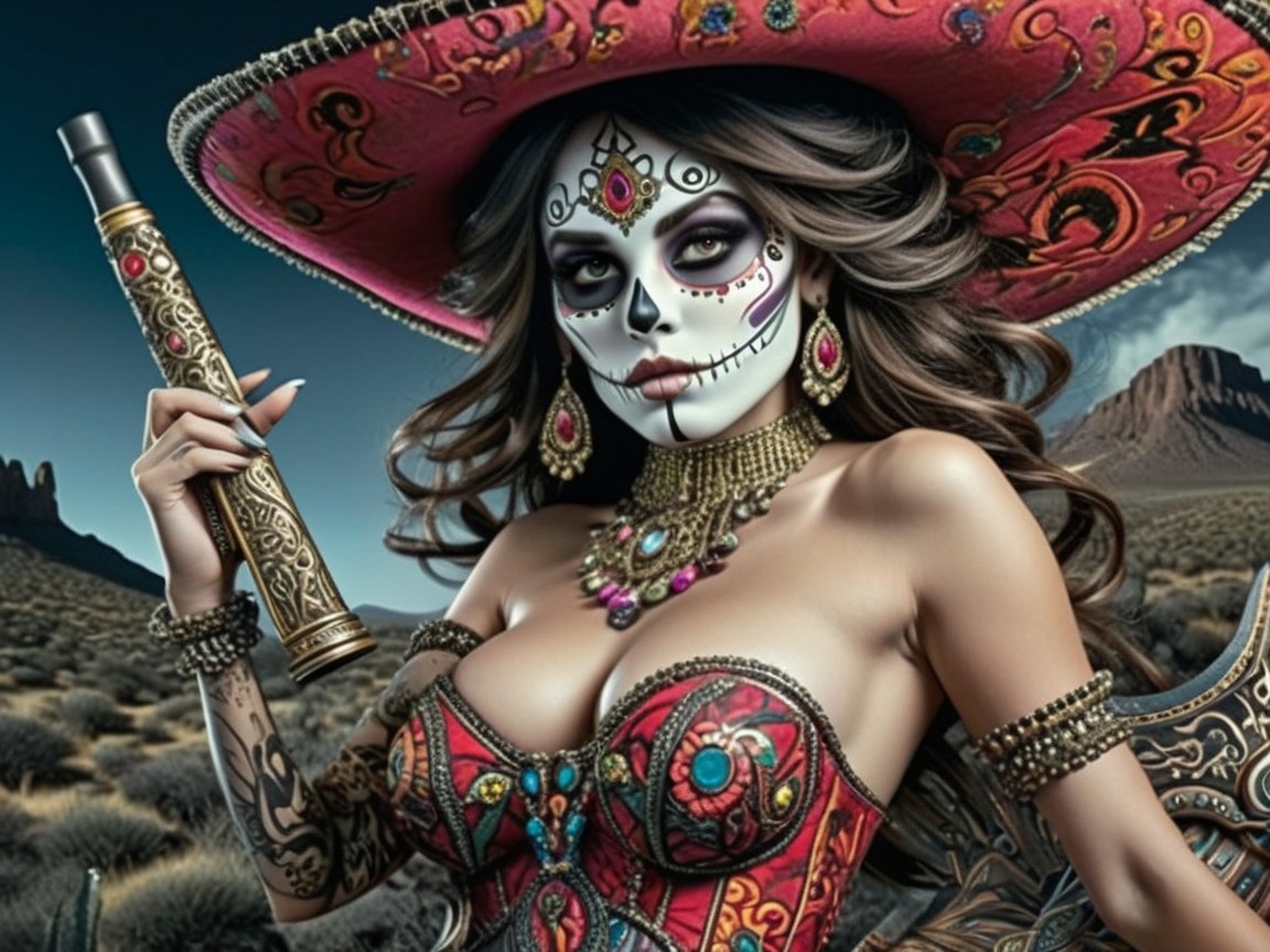 Day of the Dead Woman in Colorful Ornate Outfit