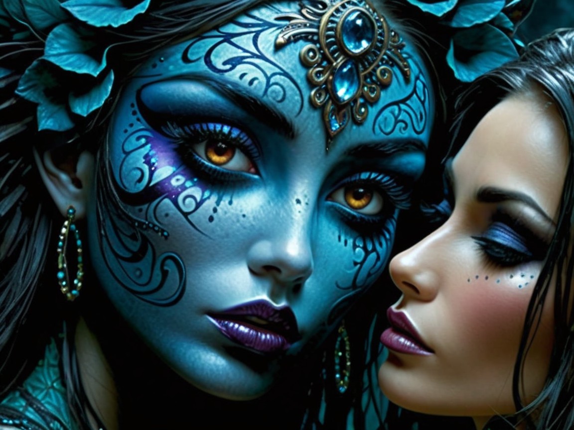 Intricate Blue Face Paint on Women with Floral Accents