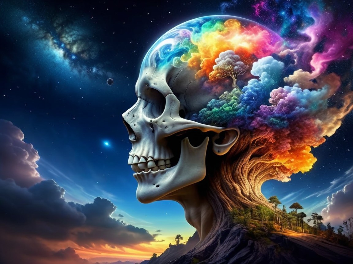 Surreal Landscape with Giant Skull and Cosmic Elements