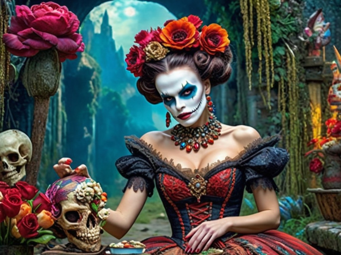 Woman in Ornate Dress in Mystical Garden Setting