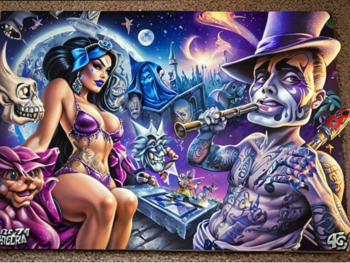 Surreal Scene with Woman, Mischievous Characters, Stars