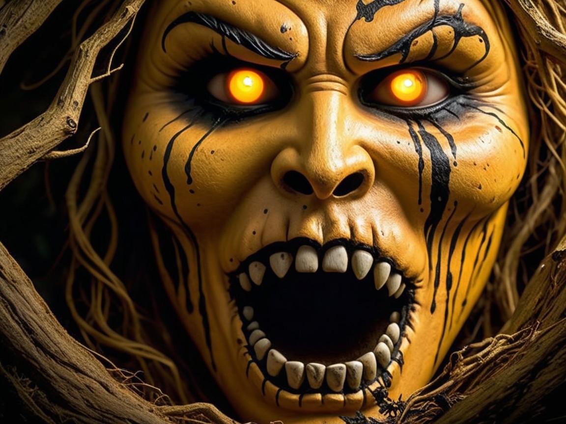 Close-up of a monstrous face with glowing eyes