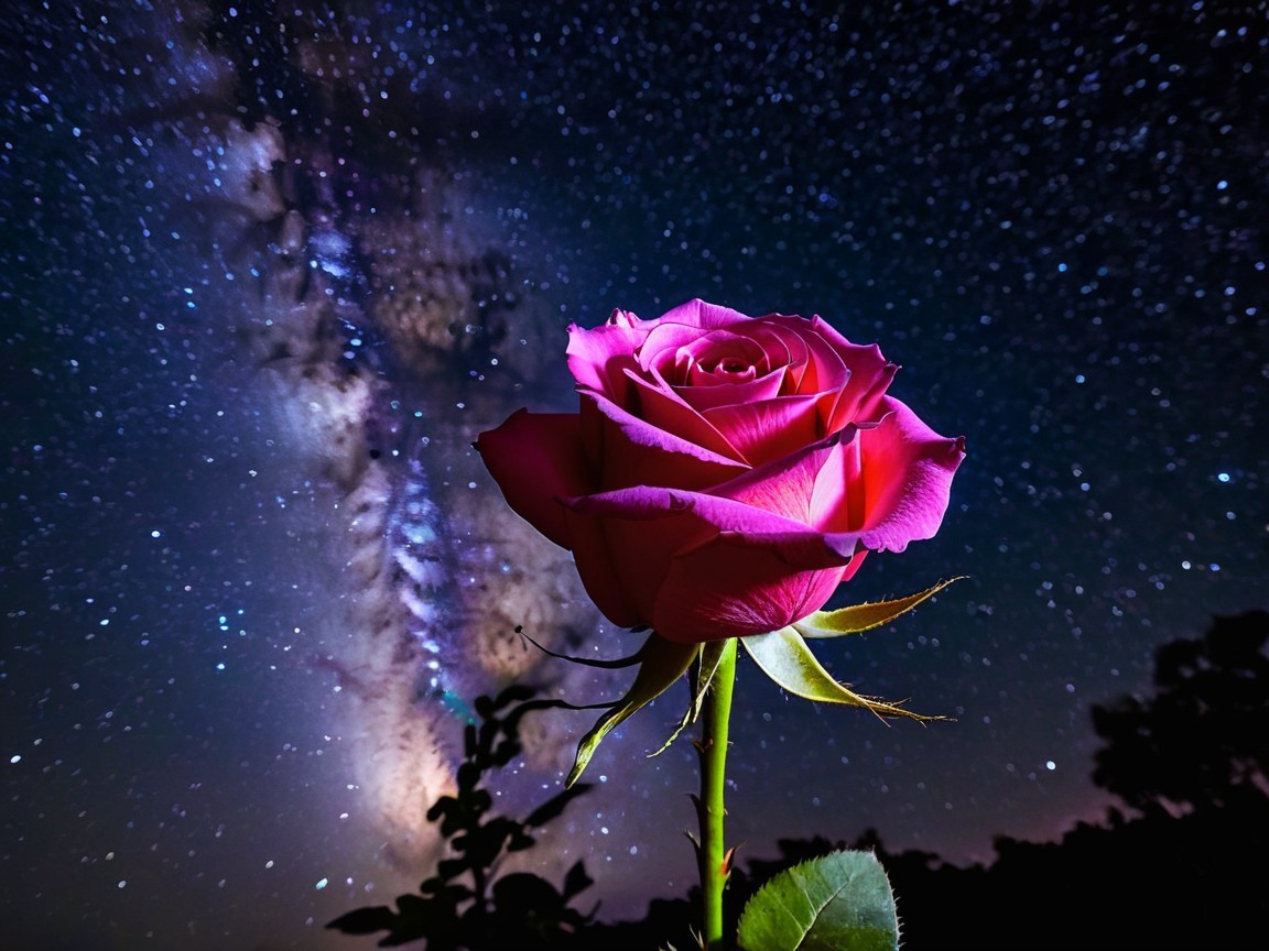 Pink Rose Against Starry Night Sky with Milky Way