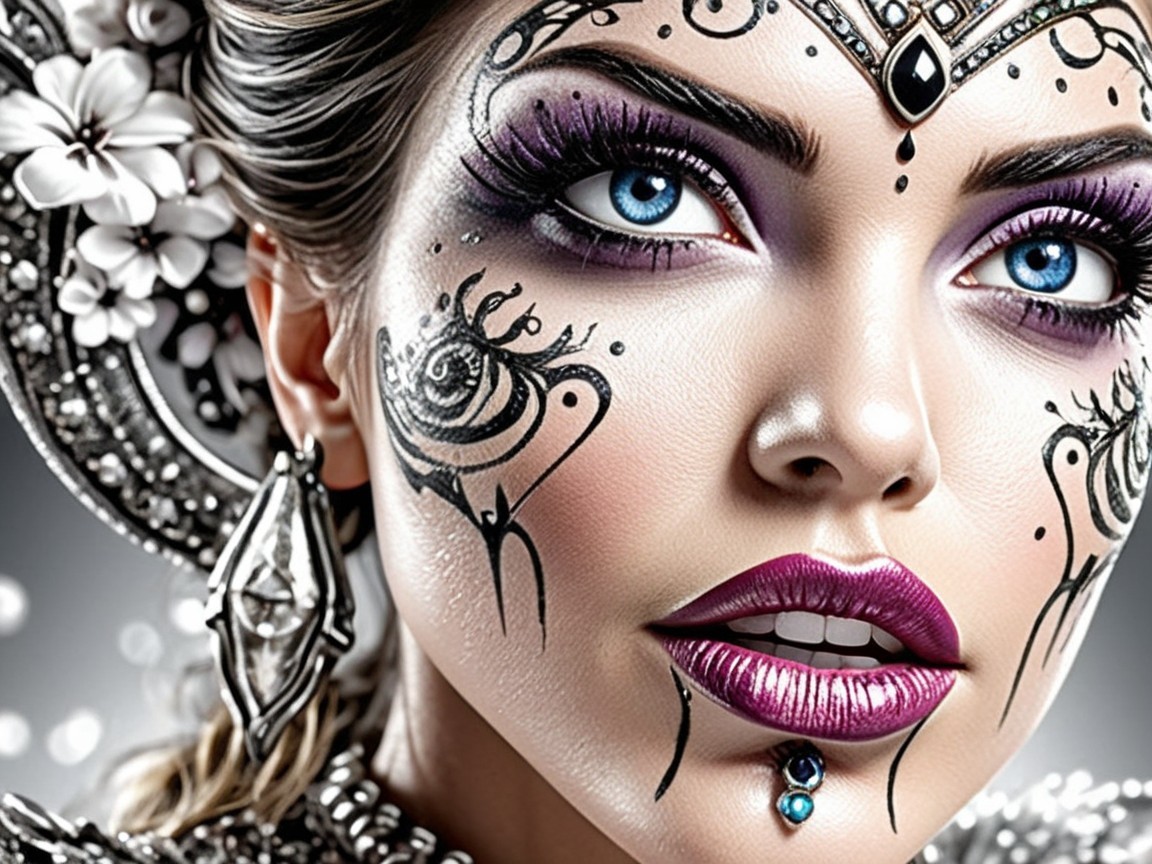 Close-Up Portrait of Woman with Facial Art and Jewelry