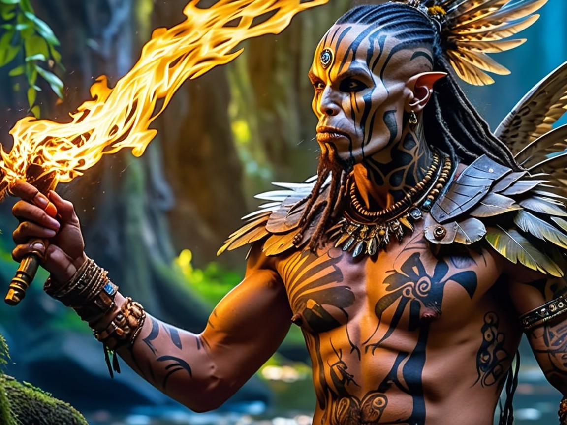 Warrior in Mystical Forest with Flaming Sword