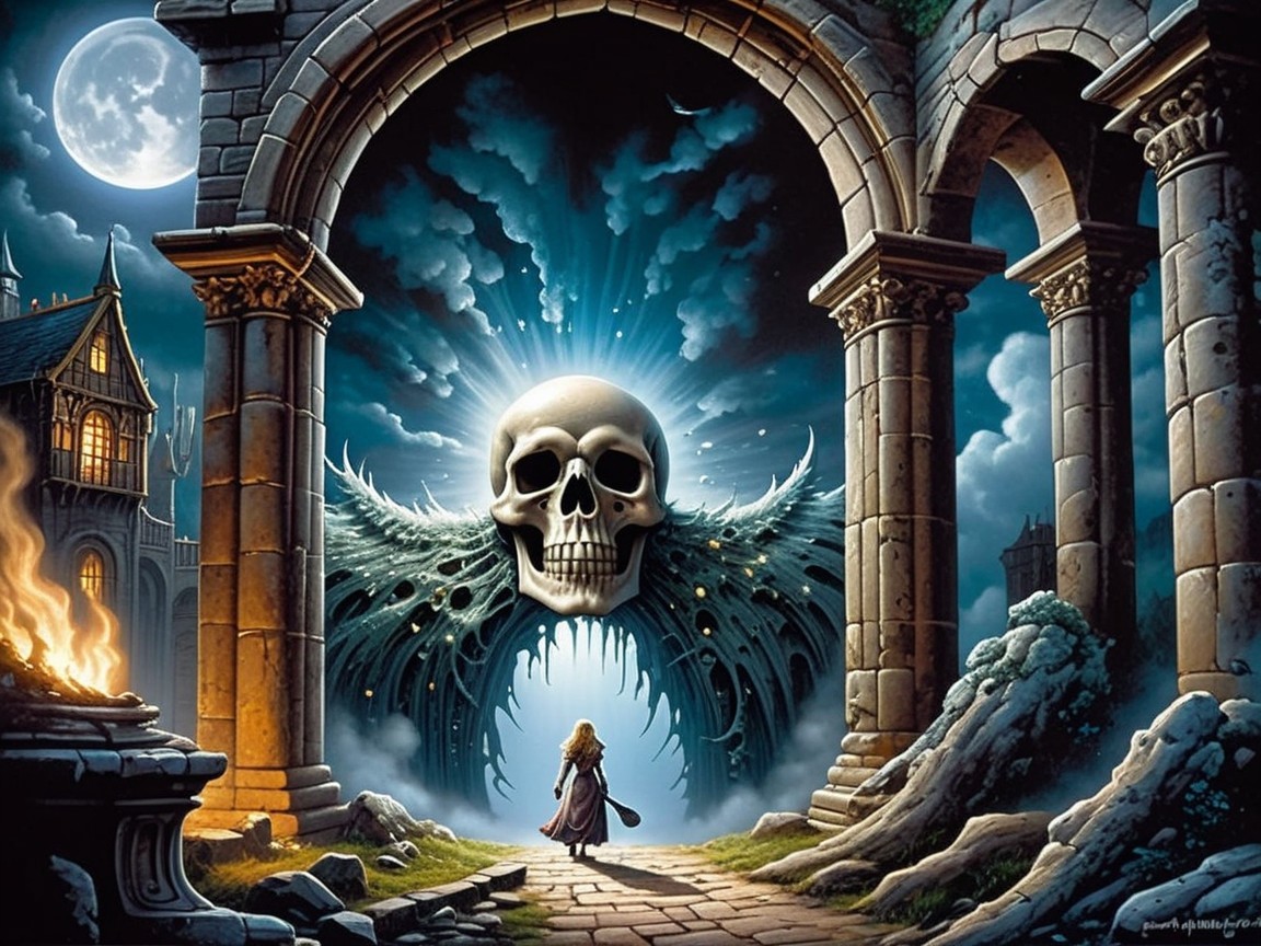 Mystical landscape with archway and colossal skull