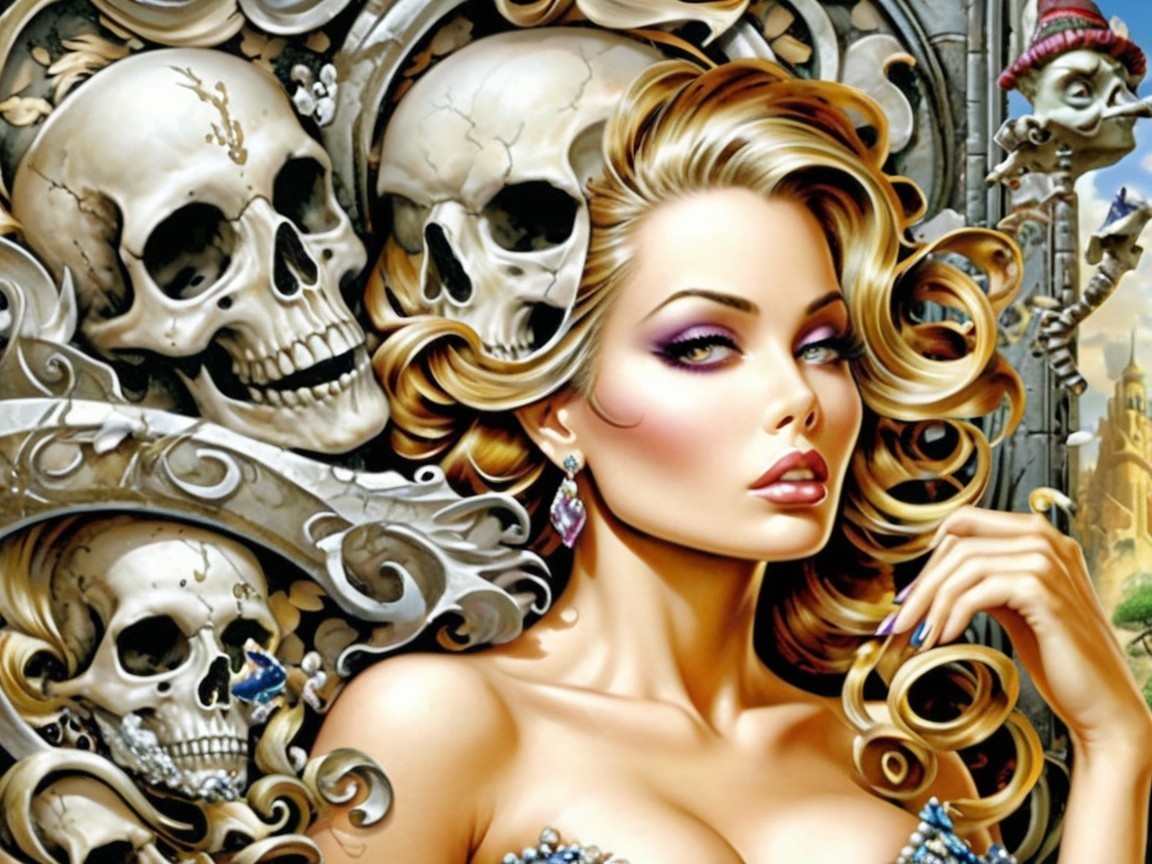 Glamorous Woman with Skull Backdrop and Sparkling Jewelry