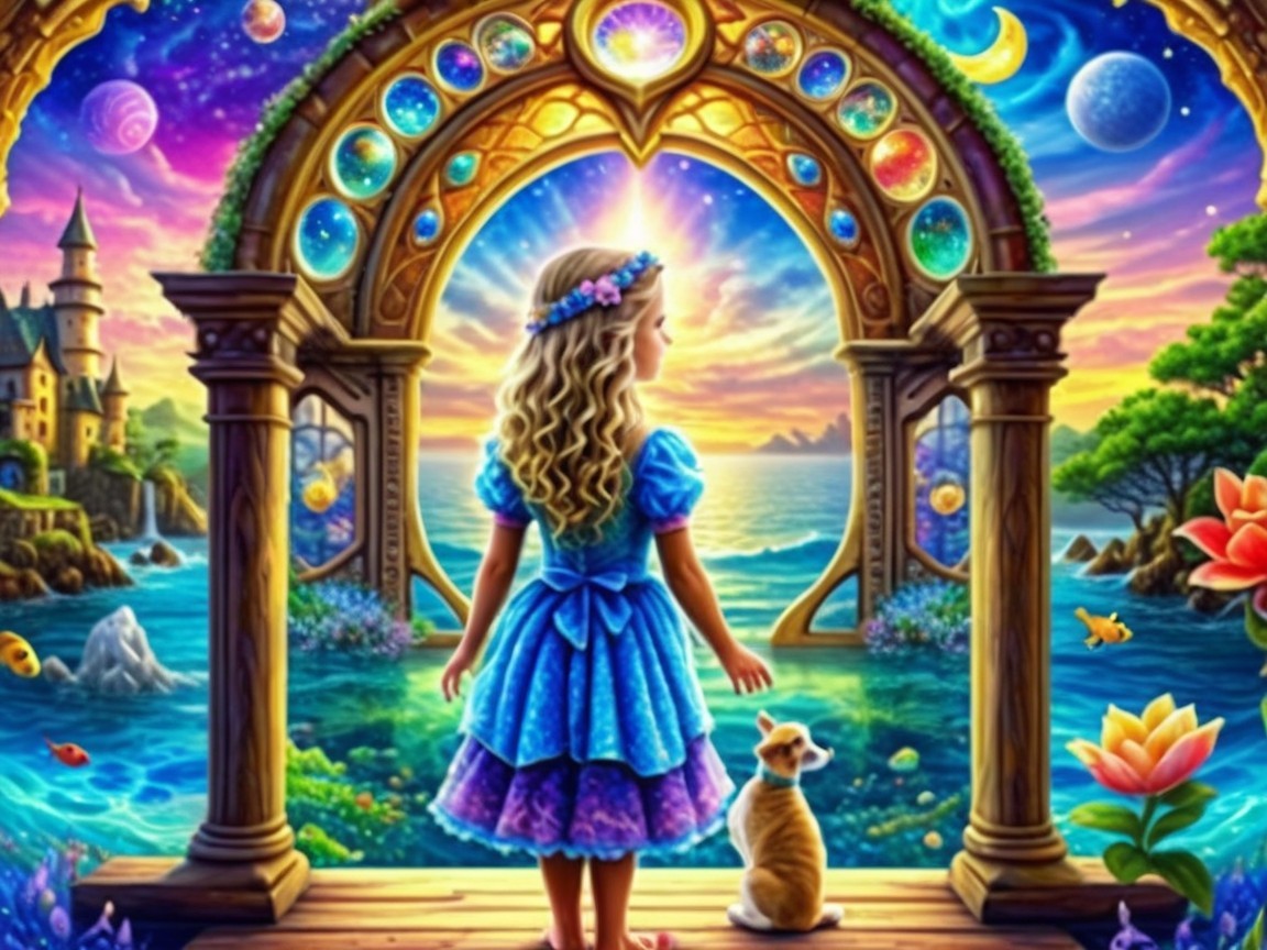 Young girl in blue dress by ornate archway with ocean