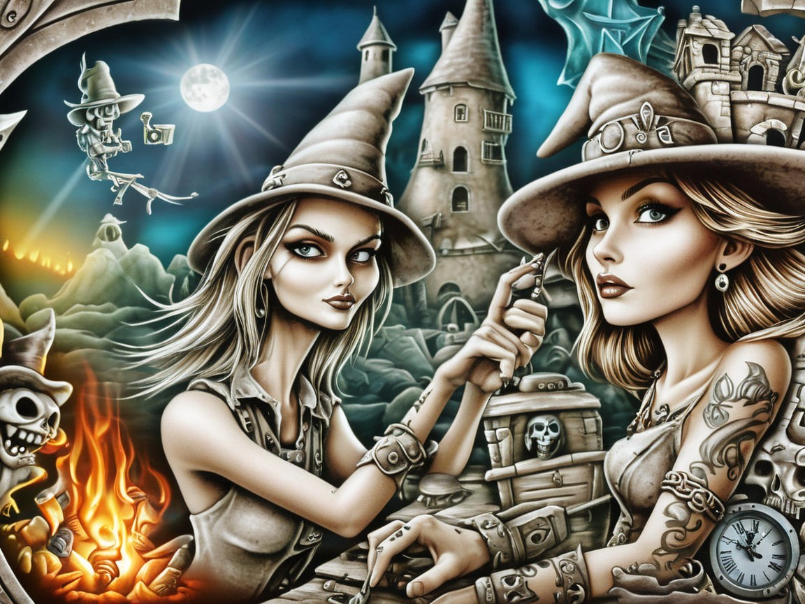 Witches in Fashionable Attire in Haunted Landscape