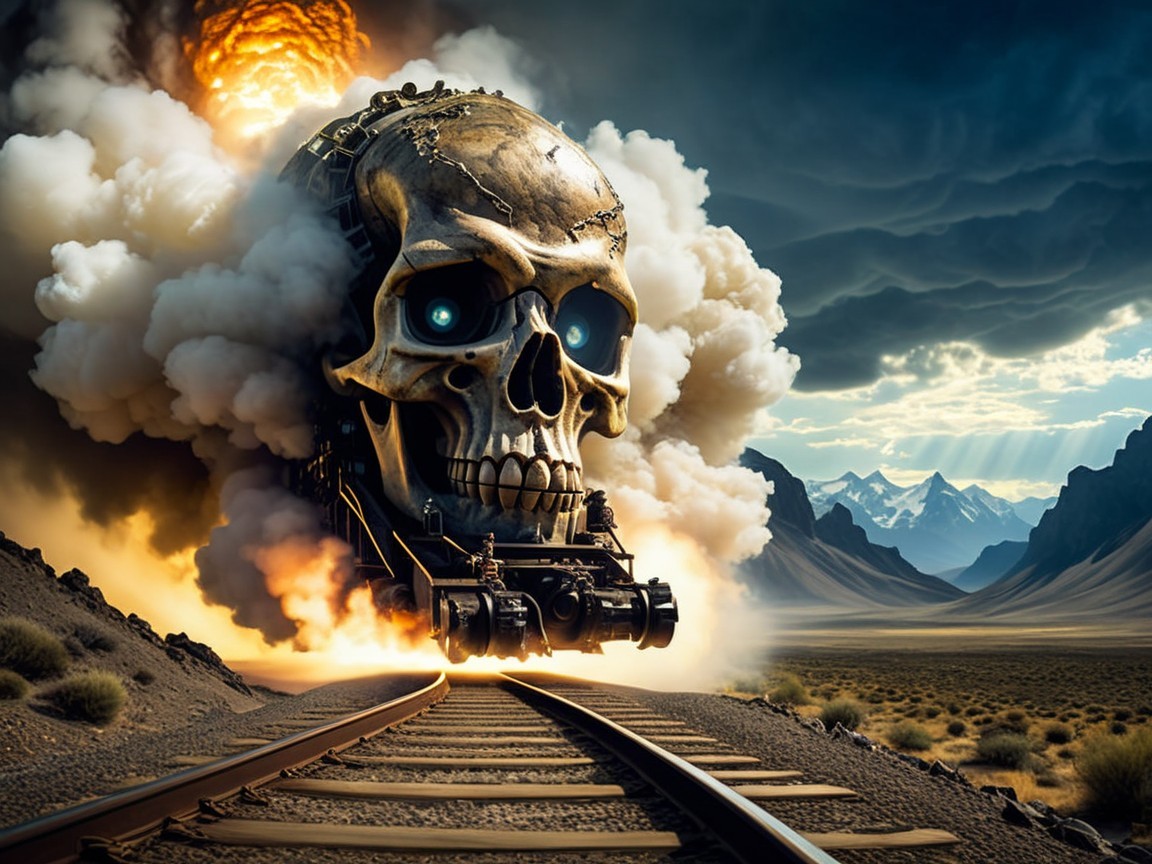 Colossal Skull-Shaped Locomotive in Dramatic Landscape