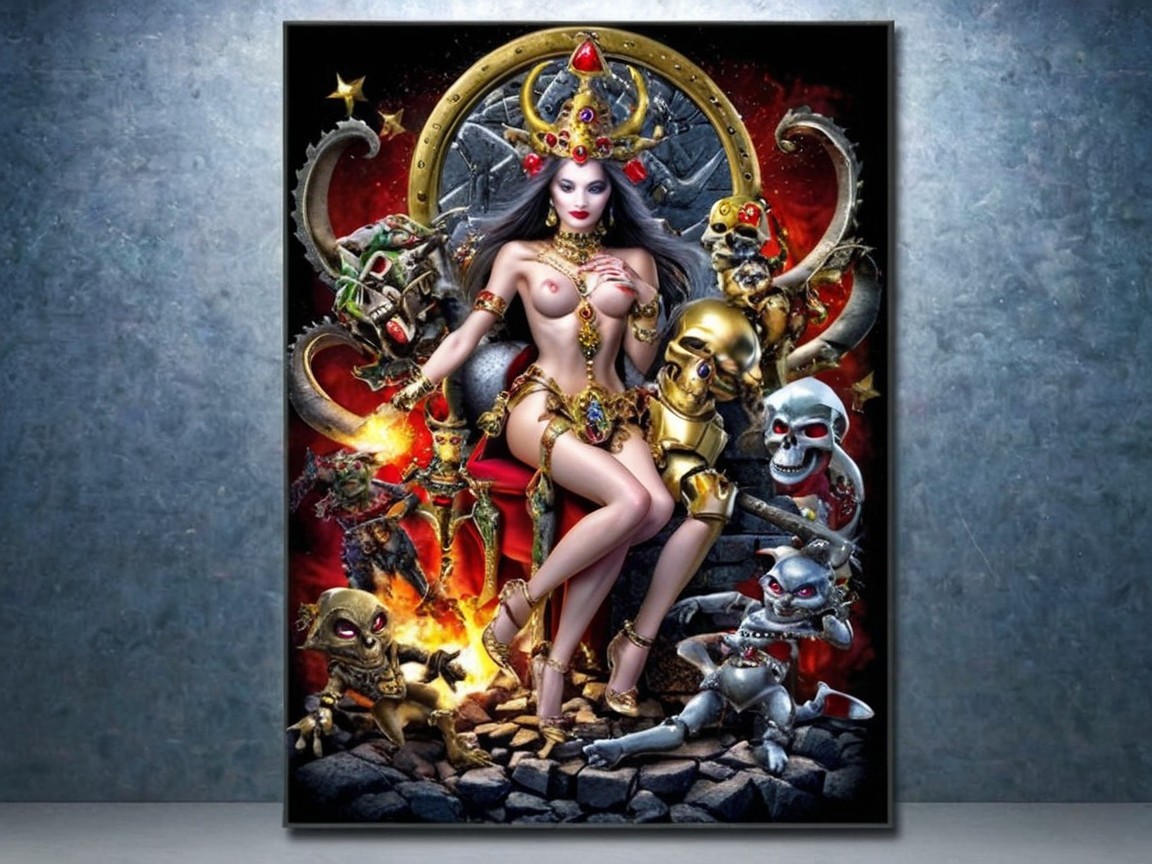 Fantastical queen in gothic scene with intricate details