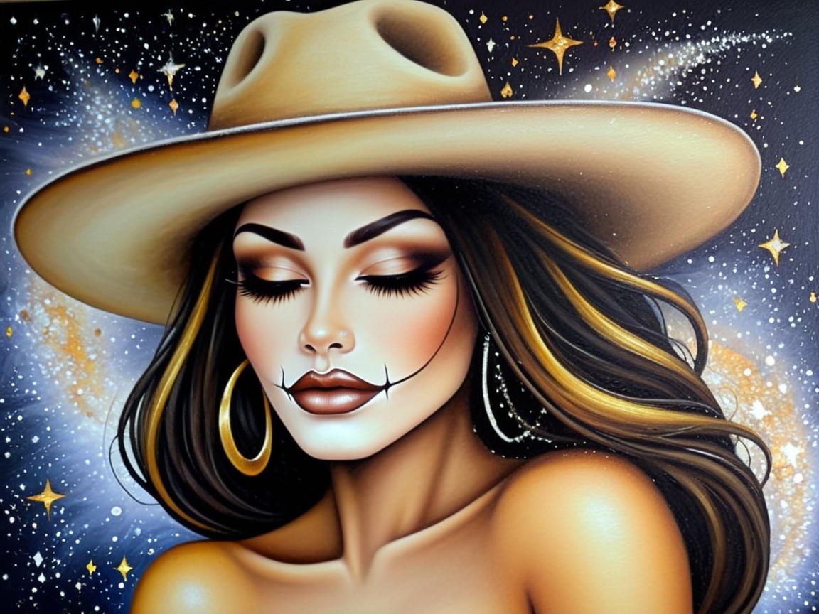 Portrait of a woman with cosmic backdrop and hat