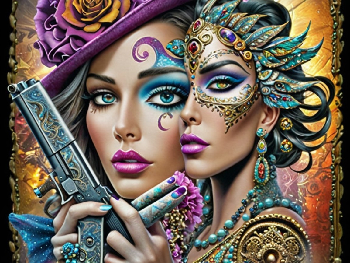 Two Beautiful Women with Decorative Gun and Masks