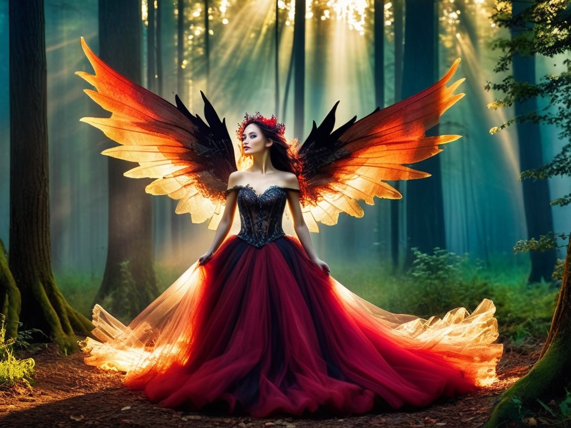 Whimsical Forest Scene with Woman in Red Gown and Wings