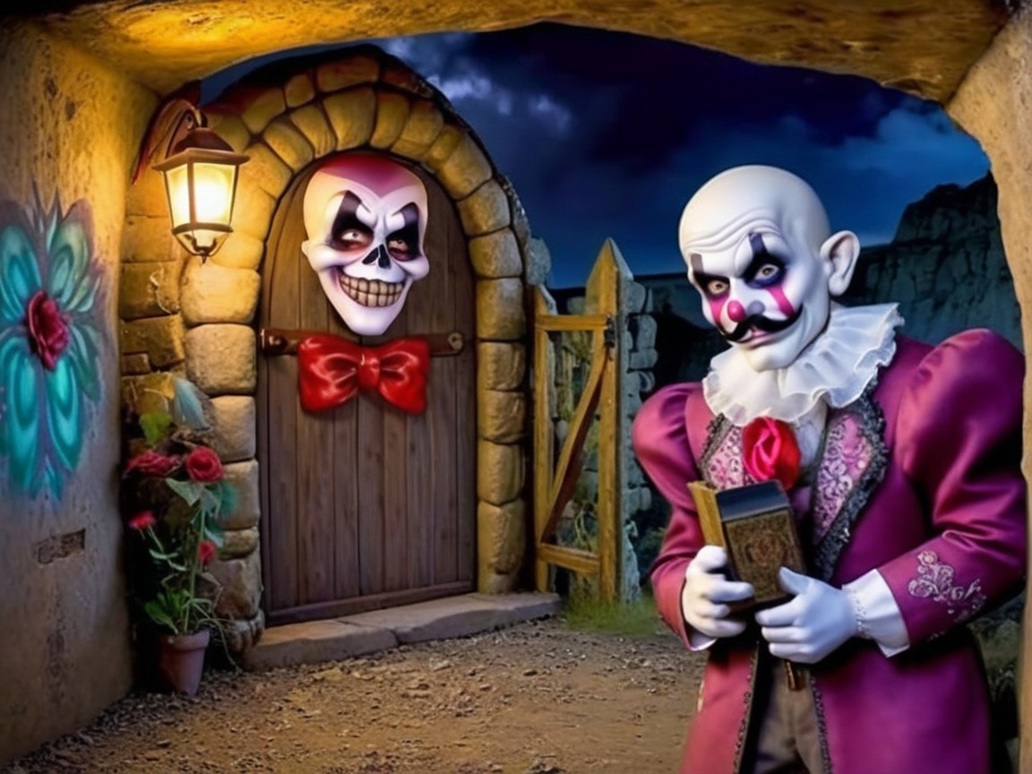 Sinister clown outside stone archway with book