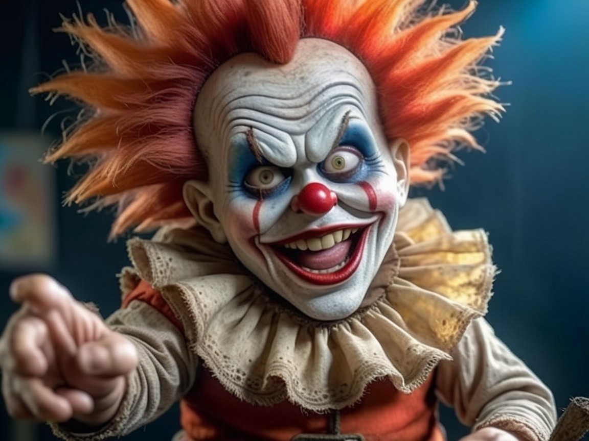 Menacing clown doll with wild hair and sinister smile