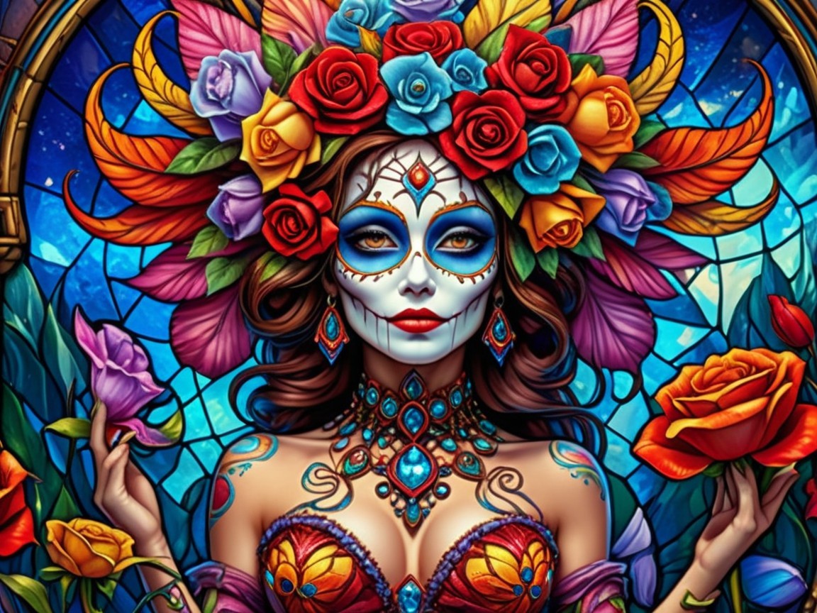 Colorful Artwork of Woman with Floral Crown and Skulls