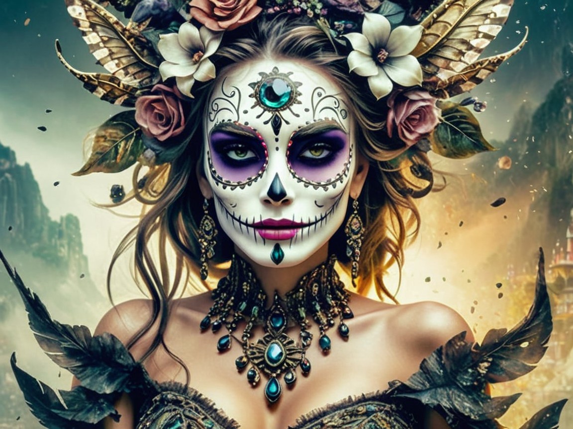 Intricate Day of the Dead Makeup and Mystical Landscape