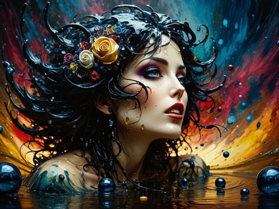 Woman with Dark Hair and Colorful Flower Adornments