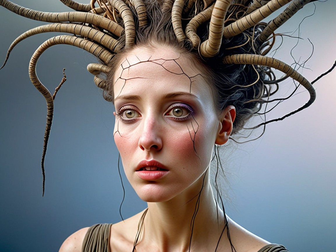 Woman with Intricate Hairstyle and Ethereal Features