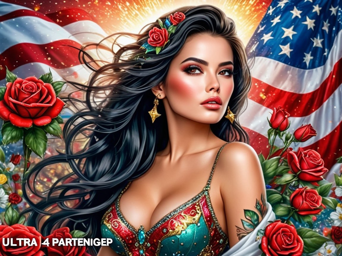 Portrait of a woman with roses and patriotic elements