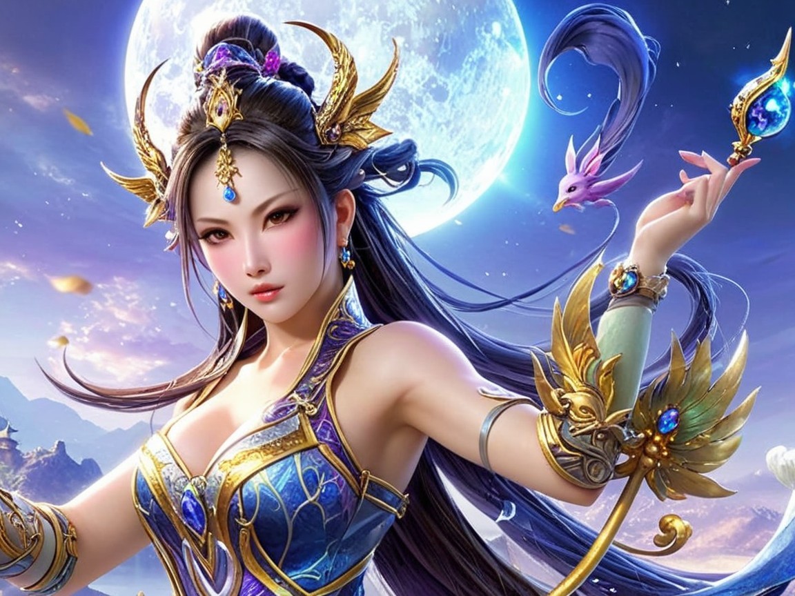 Fantasy Character in Shimmering Attire with Moonlight