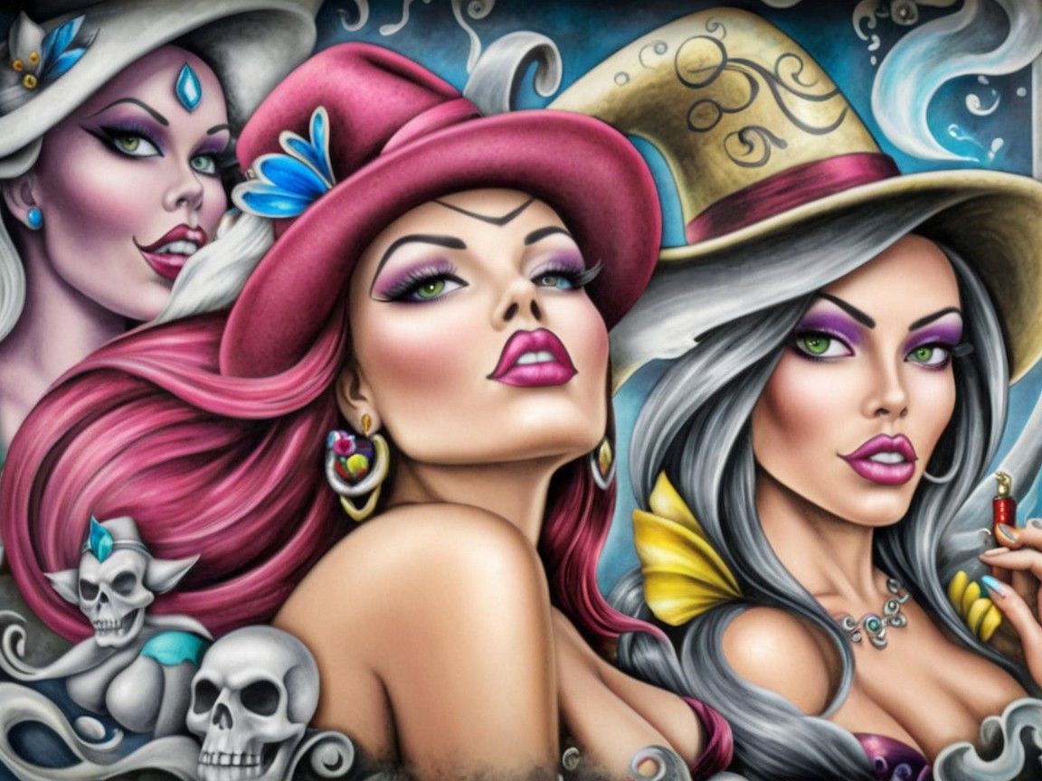 Glamorous Women with Elaborate Hats and Bold Makeup