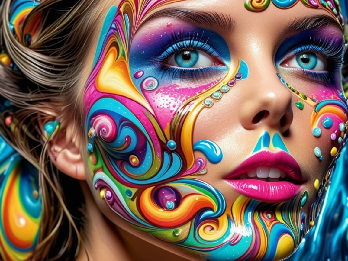 Close-up of a woman's face with vibrant face paint