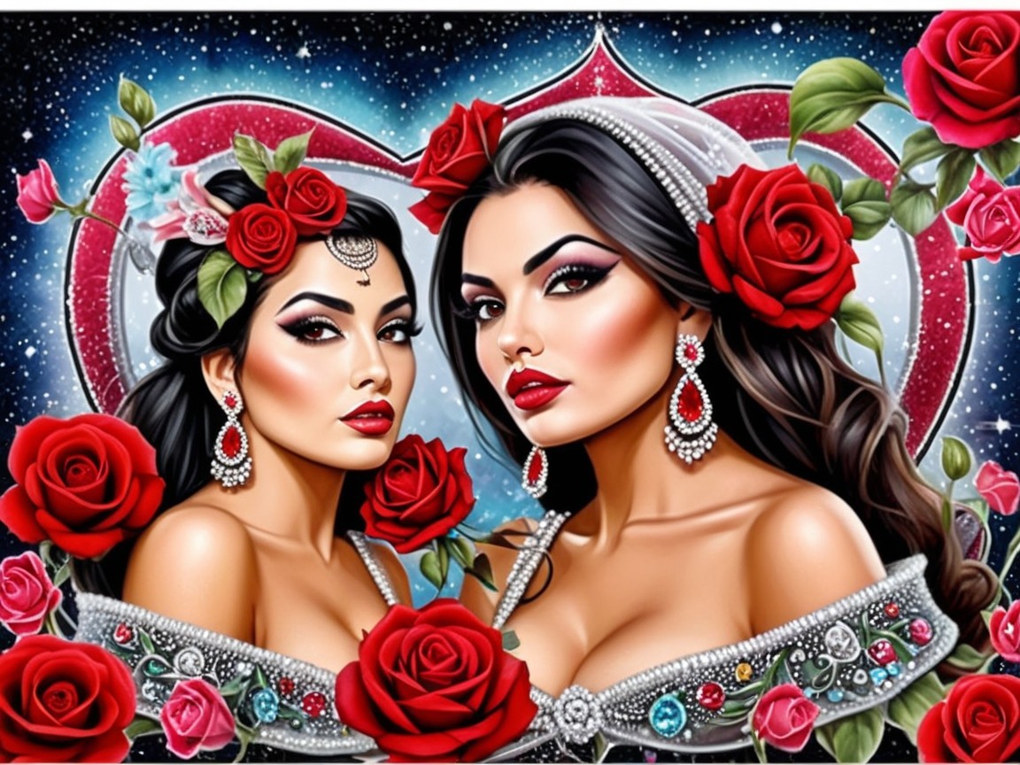 Elegant women with jewelry among red roses and stars