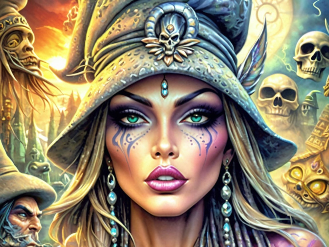 Striking Woman with Elaborate Makeup and Skull Hat