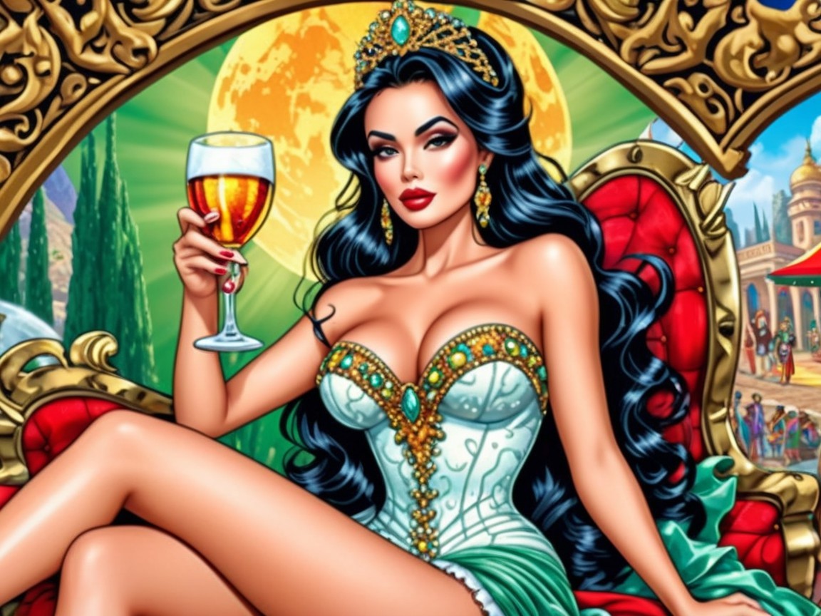 Glamorous Woman on Ornate Throne with Exotic Backdrop