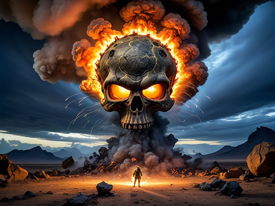 Dramatic landscape with fiery skull and dark sky