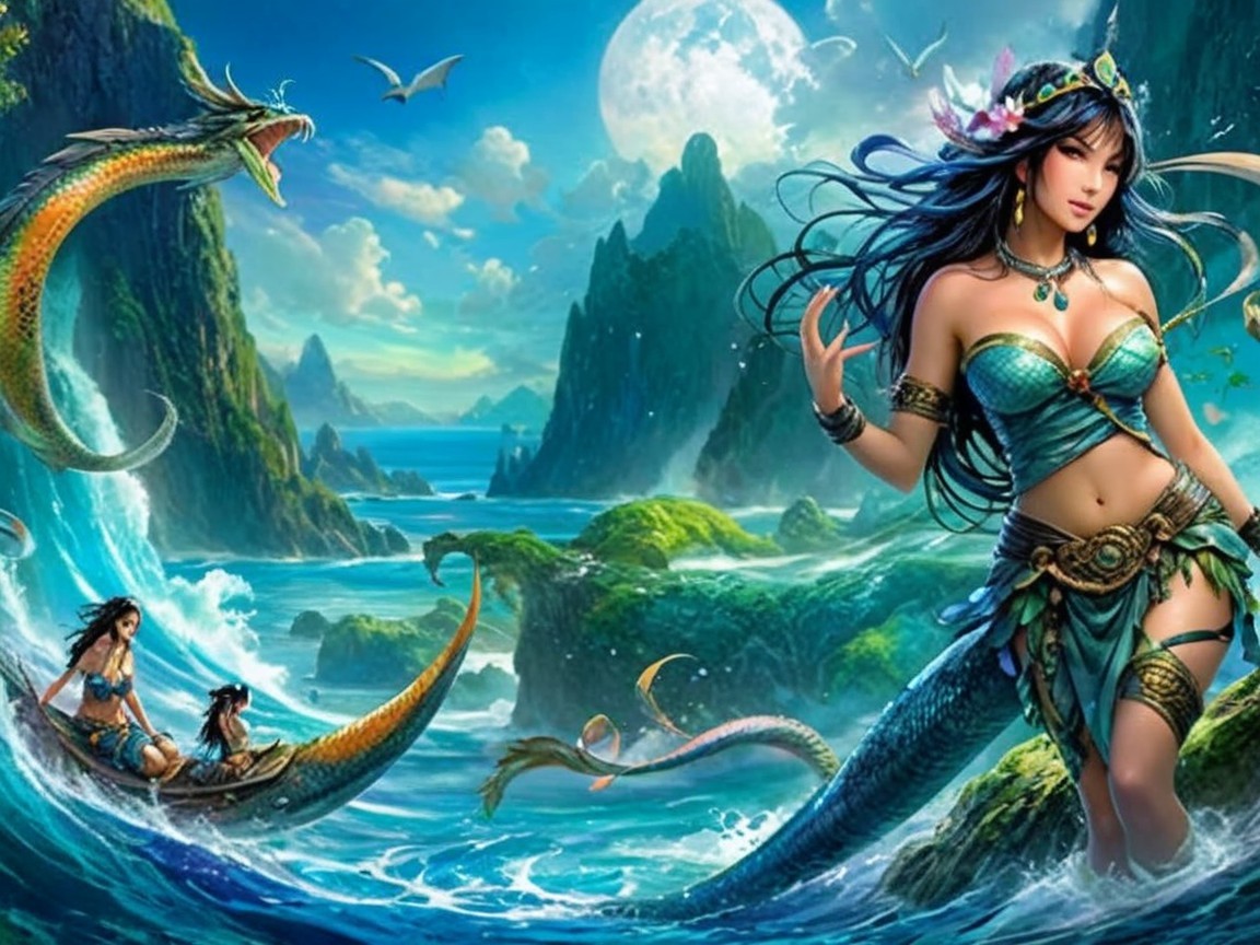 Mermaid in Vibrant Waters with Moonlit Background